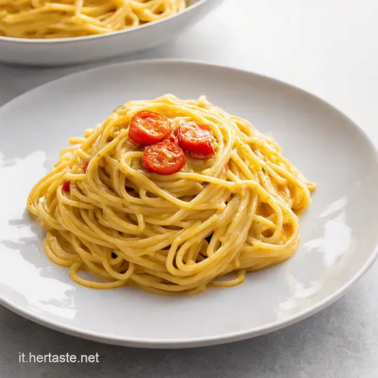 Spaghetti con Crema di Peperoni Arrostiti Pomodorini e Granella Croccante