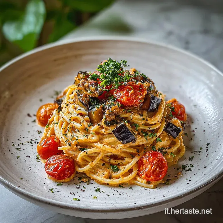 Elegant plate of spaghetti with rich eggplant cream. A vibrant scattering of halved cherry tomatoes and basil adorns the p...