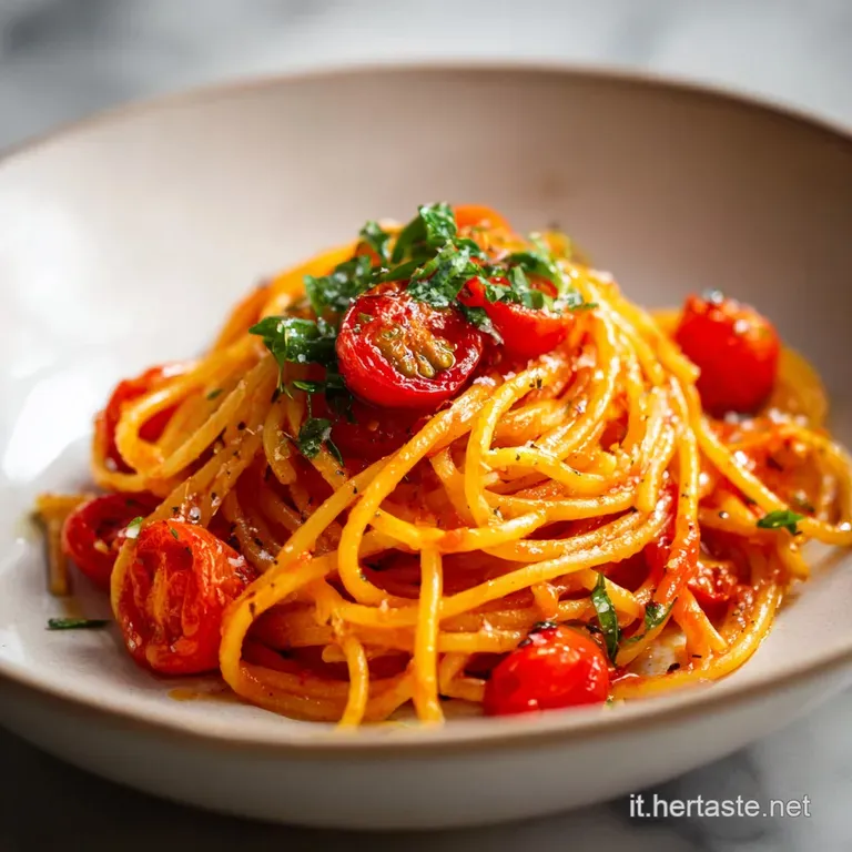 Elegant twirl of bright red spaghetti, glistening with sauce, artfully arranged on a white plate with fresh basil.
