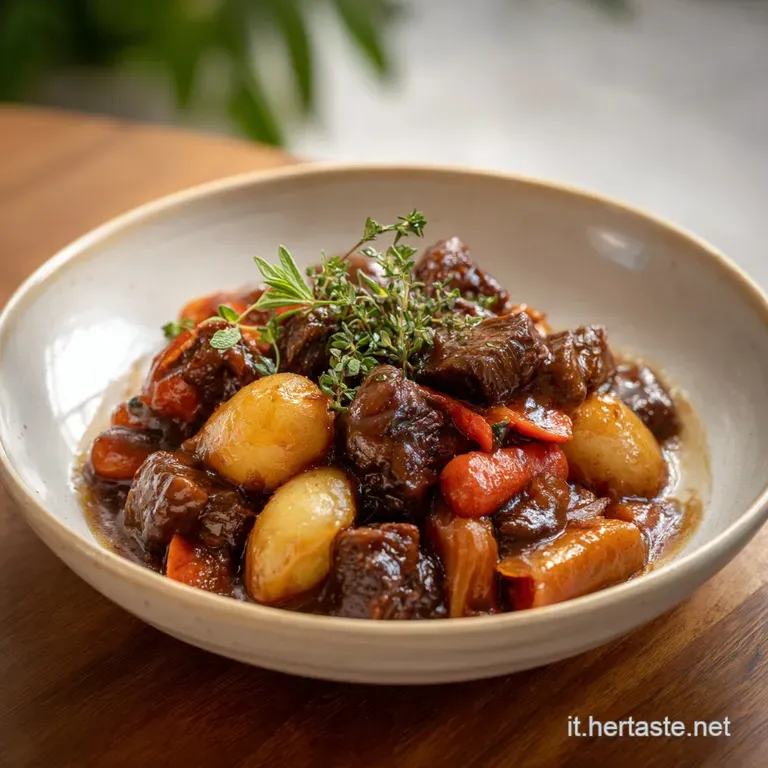 An artfully plated portion of tender beef ragu, rich brown sauce, and soft, colorful vegetables, drizzled with herbs.