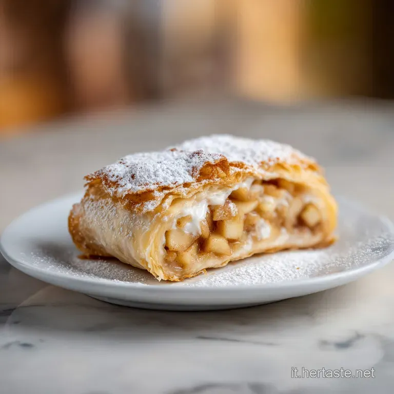 Warm slice of flaky strudel on a white plate, beside a scoop of melting vanilla ice cream. Cinnamon scent seems to drift f...
