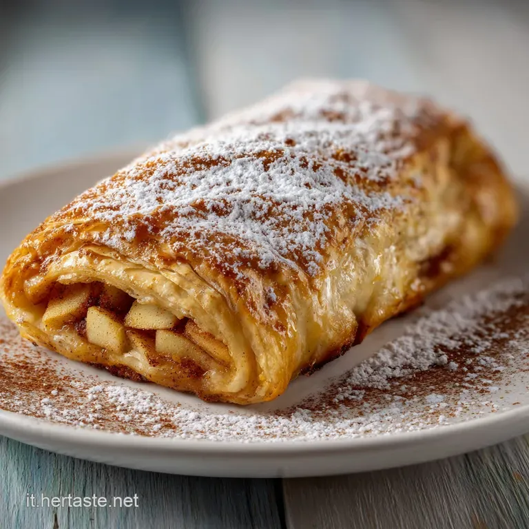 A slice of warm apple strudel with crisp, layered crust sits on a white plate. A dusting of cinnamon adds warmth.