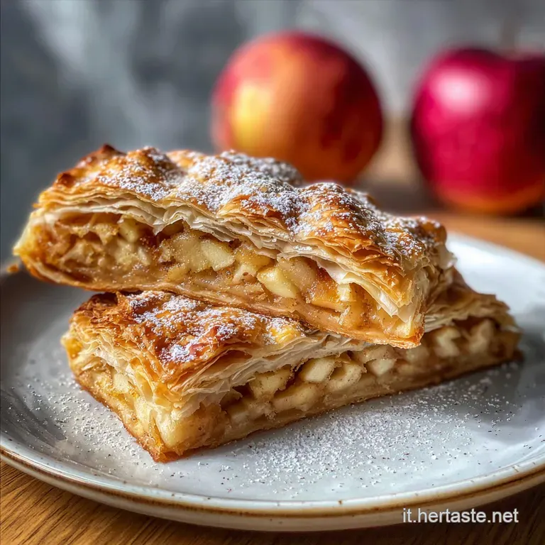 Slice of warm apple strudel with tender, caramelized apples spilling out. Sprinkled with powdered sugar and served on a wh...
