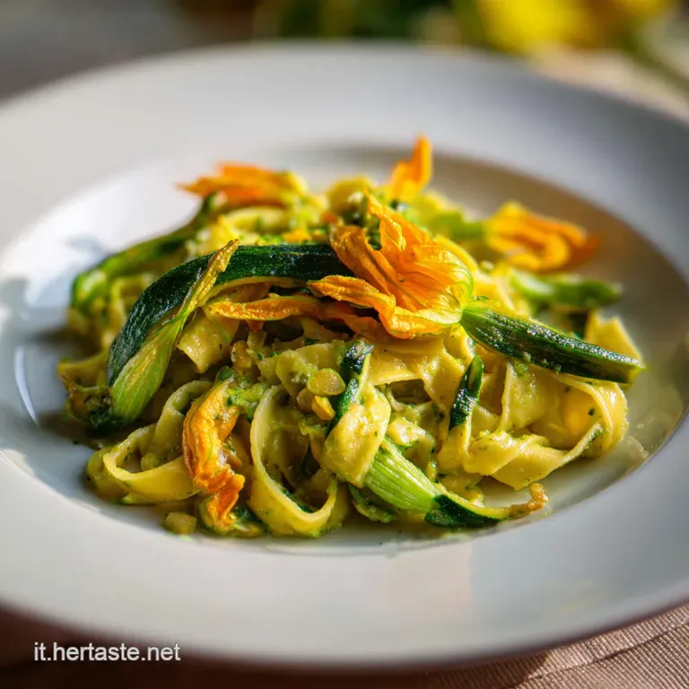 Elegant plate of tagliatelle with delicate zucchini flowers, glistening sauce, and a dusting of grated cheese.