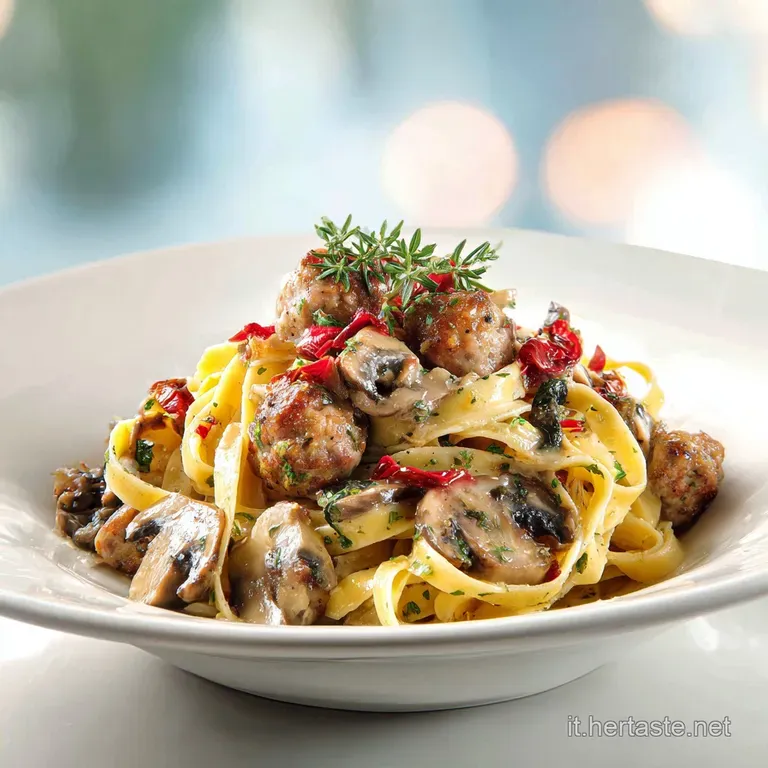 Tagliatelle nest with glistening sauce, generous sausage chunks, and sliced mushrooms, garnished with bright parsley in a ...