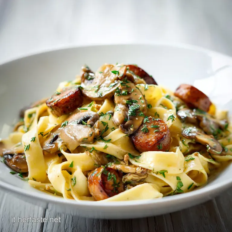 Elegant plate of tagliatelle with sausage. Glossy, light cream sauce coats the pasta. Fresh parsley sprinkles add vibrant ...