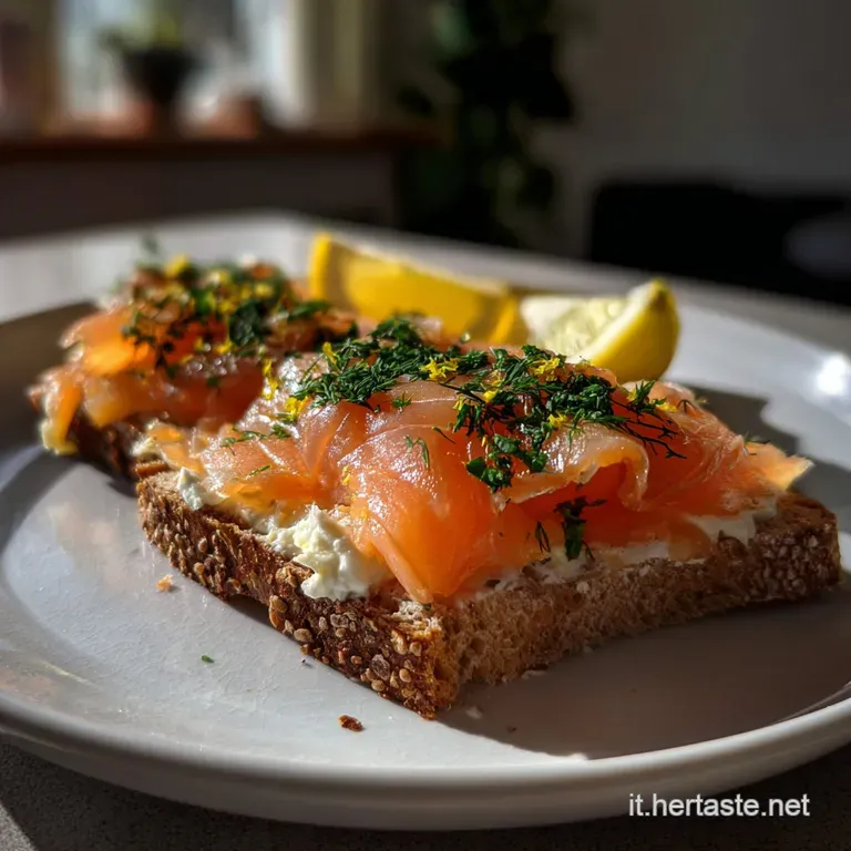 Elegant plate featuring vibrant tartines; creamy salmon contrasted by crunchy baguette, a drizzle of olive oil, and lemon ...