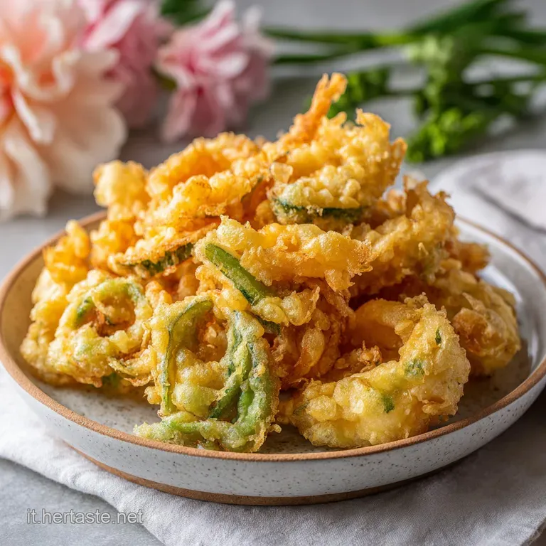 A delicate assortment of glistening tempura, with vibrant green beans and plump shrimp, served with dipping sauce.
