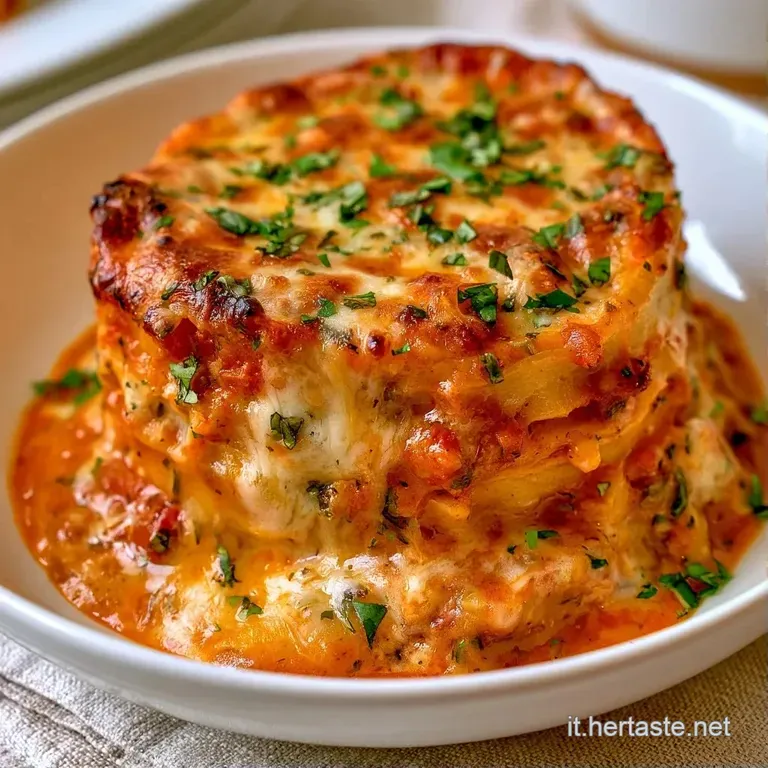 Una fetta di pasta al forno su piatto bianco, con bordi gratinati ambrati e un cuore morbido di melanzane e pomodoro.
