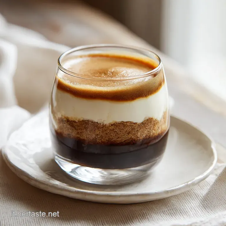 Bicchiere trasparente con strati definiti di crema vellutata e biscotti al caff&egrave;, guarnito con una fogliolina di menta.