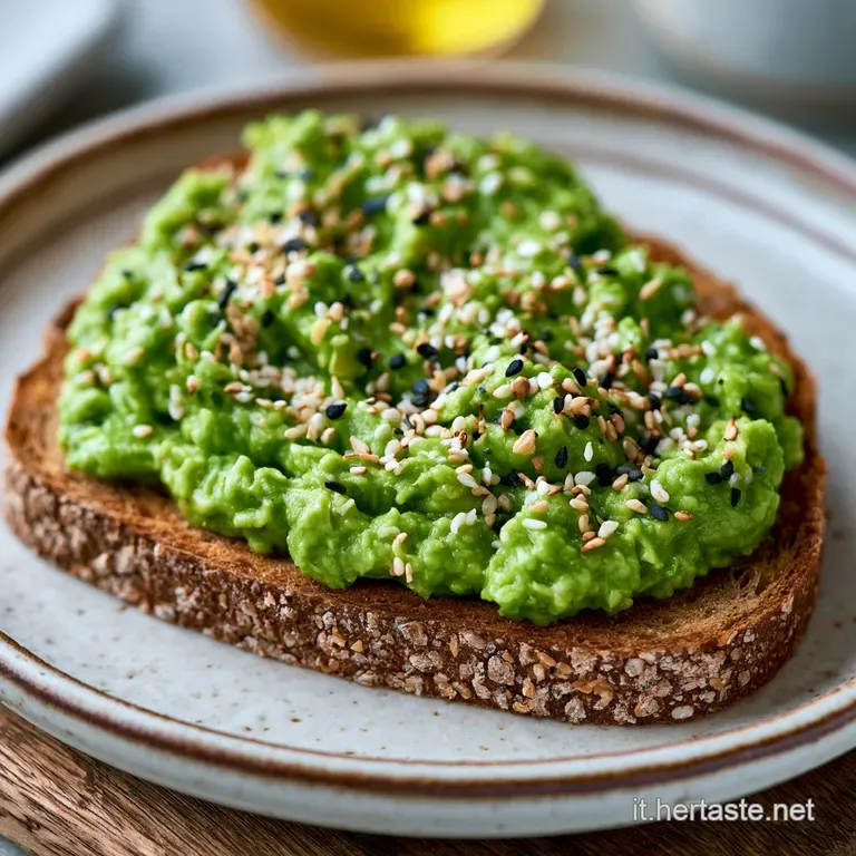 Due toast croccanti su piatto bianco, guarniti con avocado vellutato, gocce d'olio lucido e un pizzico di sale marino.