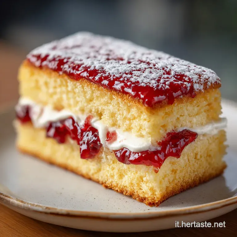 A slice of airy cake sits on a plate, marmalade glistening. A dusting of sugar adds contrast to the rich golden hue.