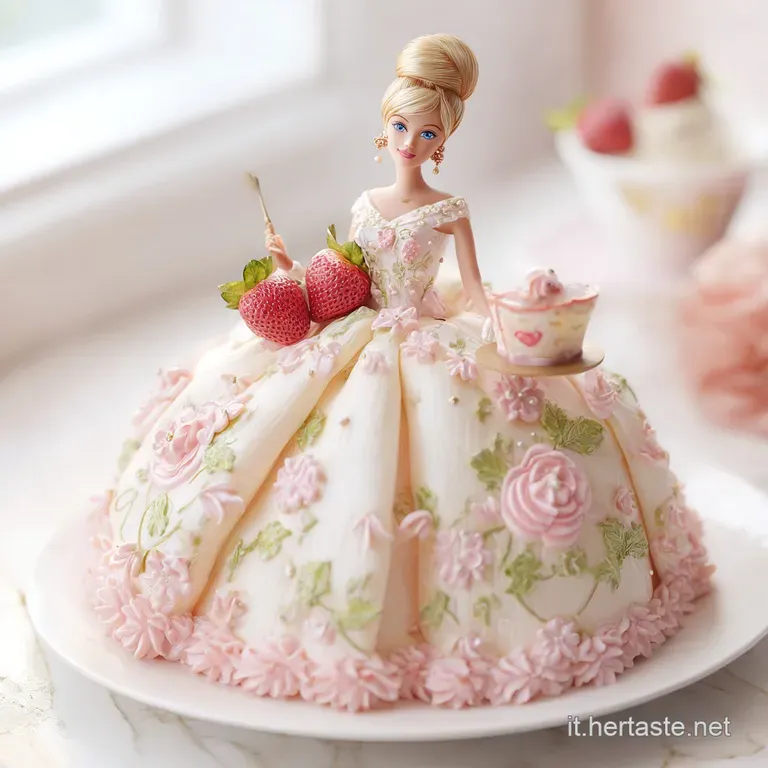 Slice of layered pink cake with fluffy cream frosting. A playful Barbie silhouette embellishes the dessert plate.
