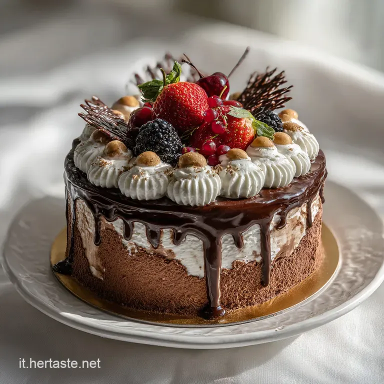 Slice of dark chocolate cake on a white plate, dusted with cocoa. Chocolate curls accent the cake's deep color.