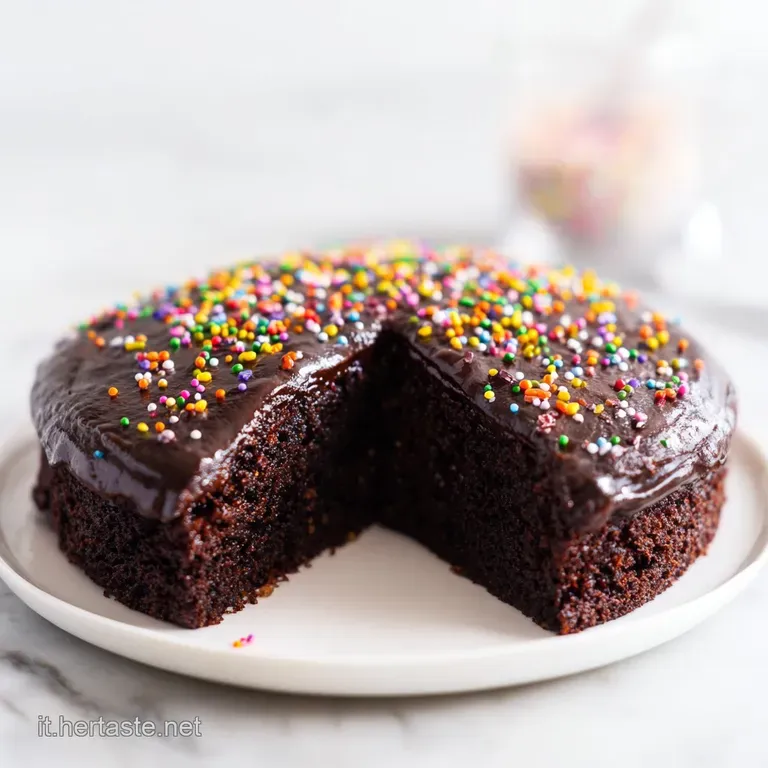 Una fetta di torta morbida al cacao su piatto bianco, accompagnata da frutti di bosco rossi e una crema vellutata.