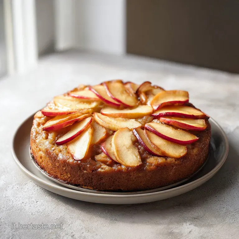 Una fetta di torta soffice su piatto bianco, con mela caramellata in cima e una spolverata di zucchero a velo bianco.