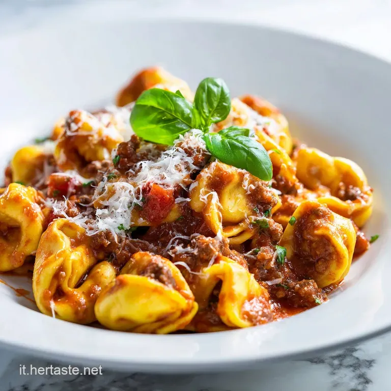 An artfully arranged plate of tortellini alla Bolognese, glistening with sauce and a sprinkle of green herbs.