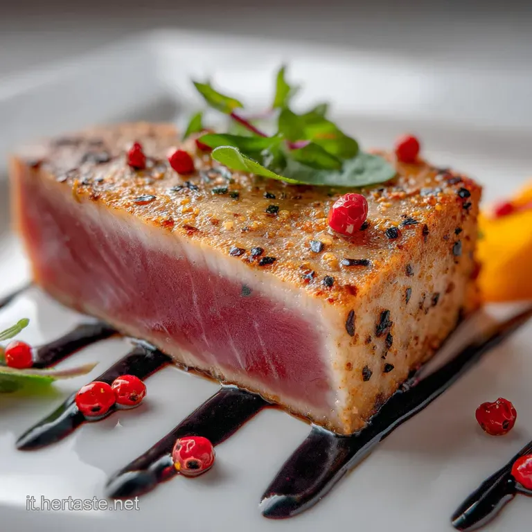 A perfectly seared tuna steak, flaky and moist, presented on a bed of vibrant green arugula with a lemon wedge.