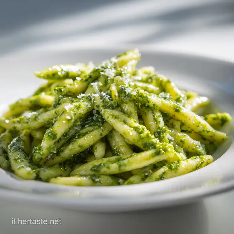 Vibrant green trofie pasta artfully twirled in a bowl, garnished with basil leaves and a dusting of cheese. Fresh and flav...