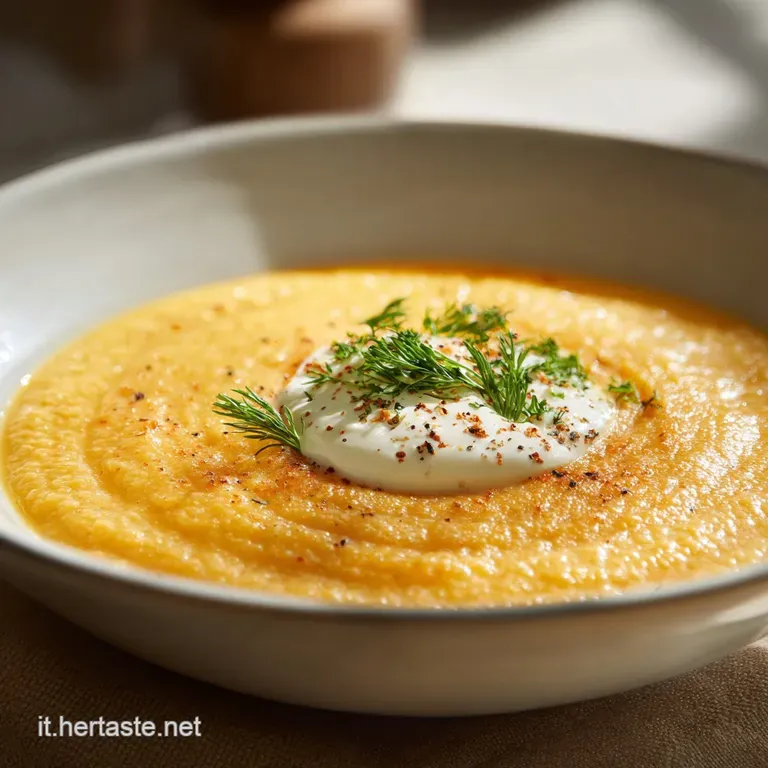 Elegant bowl of velvety smooth orange soup, garnished with bright green chives and a delicate swirl of cream.