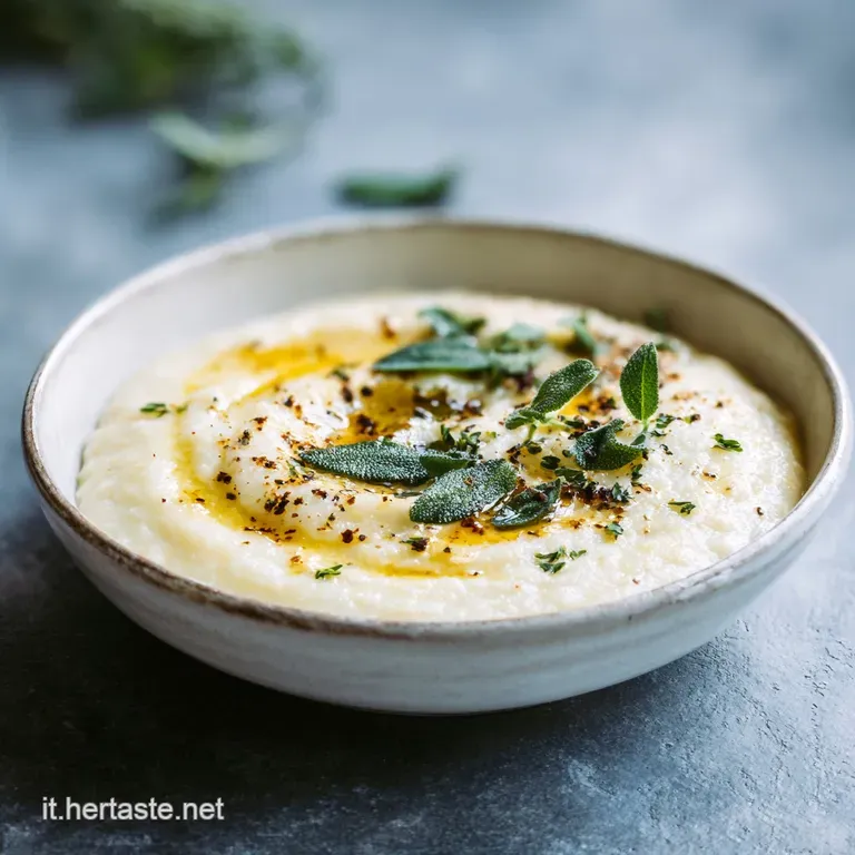 Elegant white bowl holds velvety cauliflower soup, garnished with crispy fried sage and a drizzle of golden oil. Refined d...