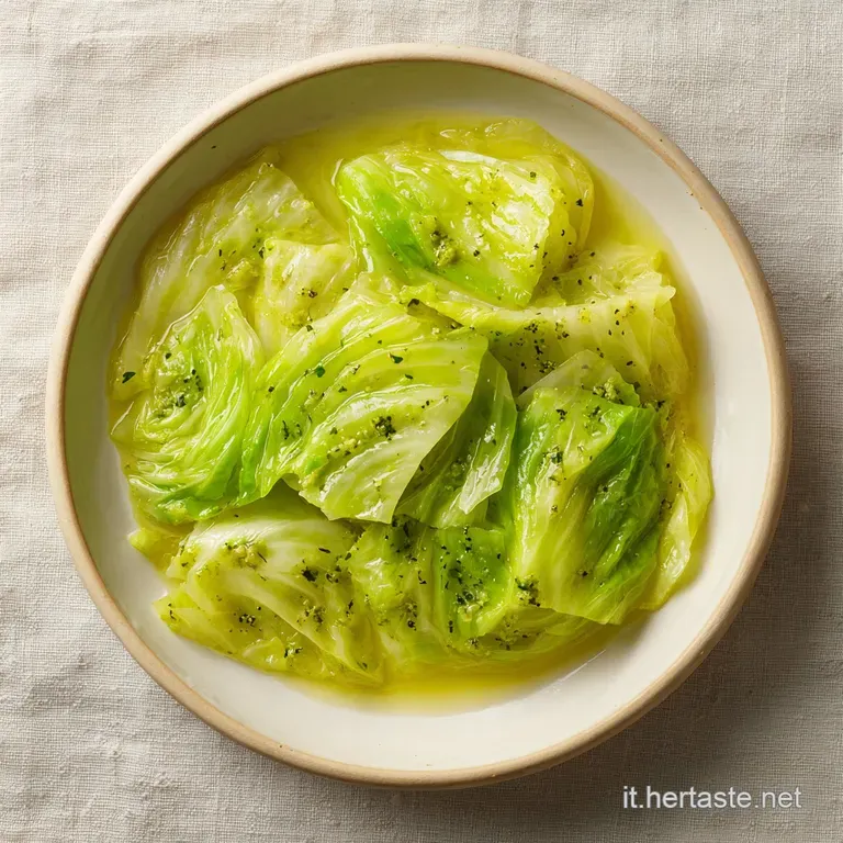 Steaming mound of soft, shredded cabbage with dark, crispy edges, artfully arranged on a rustic earthenware plate.