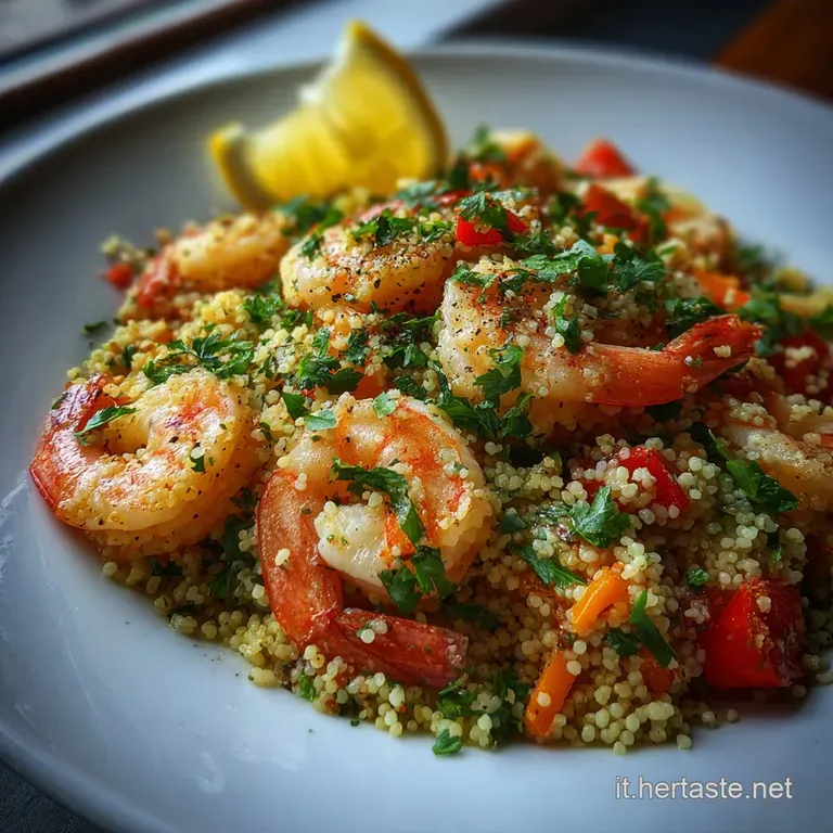 Elegant plate featuring fluffy couscous with glistening shrimp, mussels, and bright vegetables, a summery seafood feast.