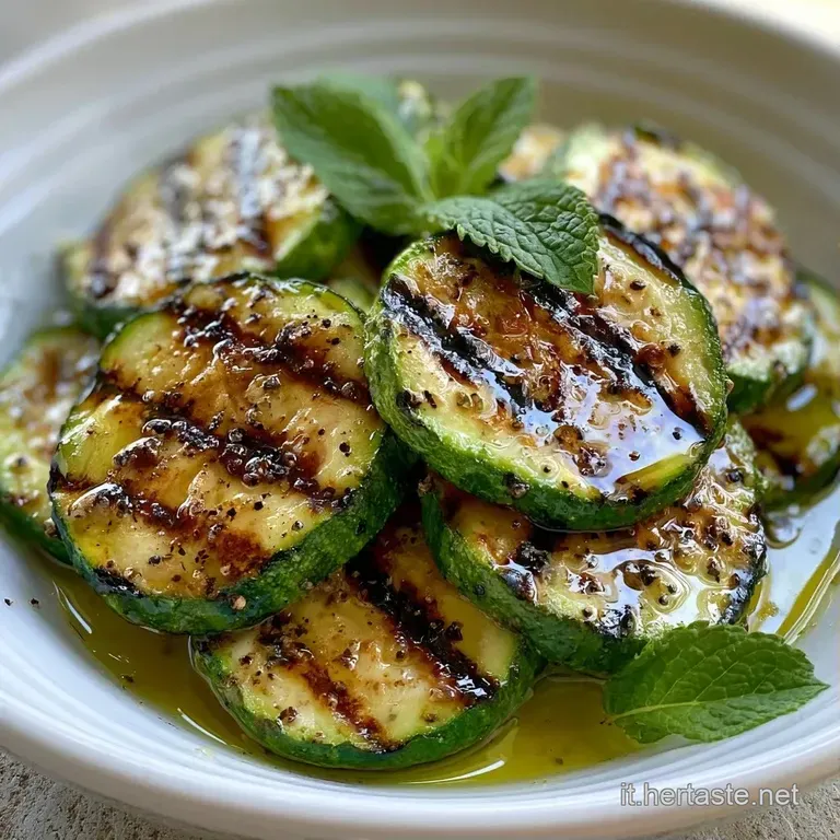 Zucchine grigliate disposte in pile ordinate, decorate con erbe aromatiche verdi e grani di pepe nero macinato fresco.