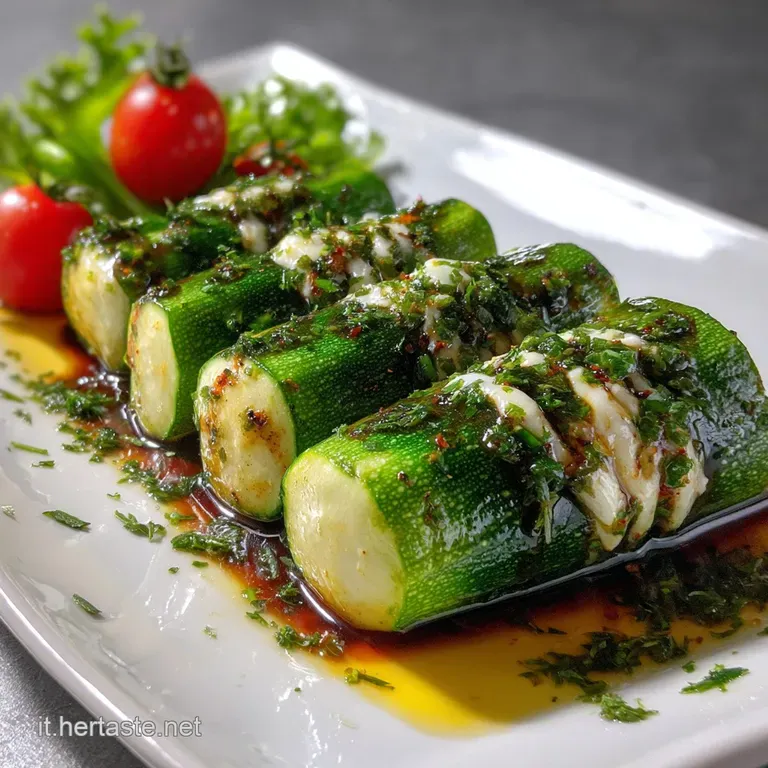 Vibrant zucchini coins artfully arranged, hinting at a bright, acidic marinade. Mint leaves offer a refreshing, herbal con...