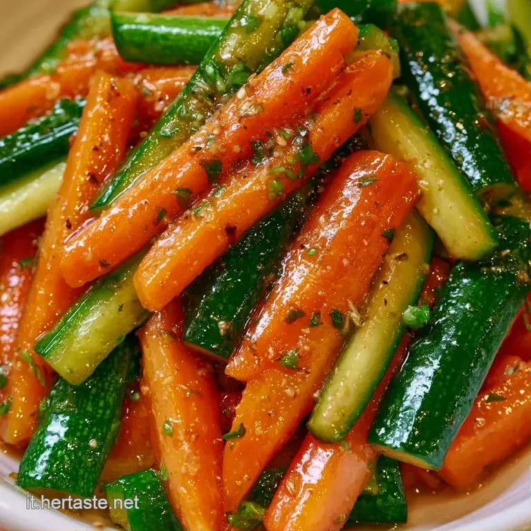 Elegante nido di julienne di carote e zucchine dai colori vivaci, guarnito con un filo d'olio e semi tostati.