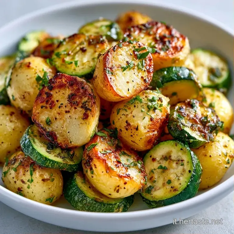 Composizione ordinata di patate croccanti e zucchine tenere su un piatto bianco, con un tocco di erbe aromatiche fresche.