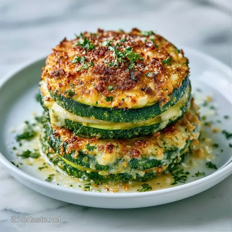 Zucchine gratinate dorate su un piatto bianco, guarnite con erbe fresche, con una texture croccante e colori vivaci.