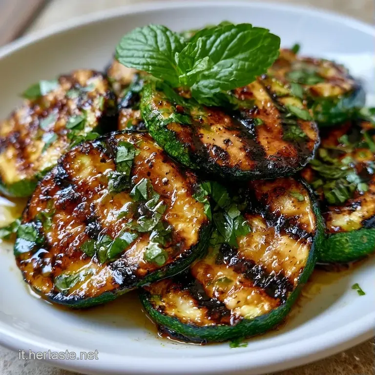 Zucchine grigliate disposte a raggiera, color verde brillante con segni di braci, guarnite con erbe fresche e olio dorato.