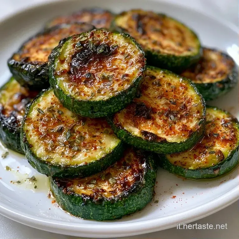 Zucchine a fette croccanti disposte con cura, con un contrasto tra il verde brillante e la crosticina ambrata e calda.