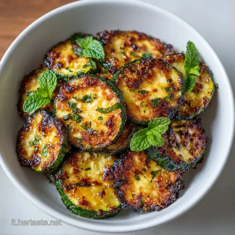 Zucchine tenere disposte a mucchietto su piatto bianco, decorate con foglioline di menta verde e un filo d'olio.