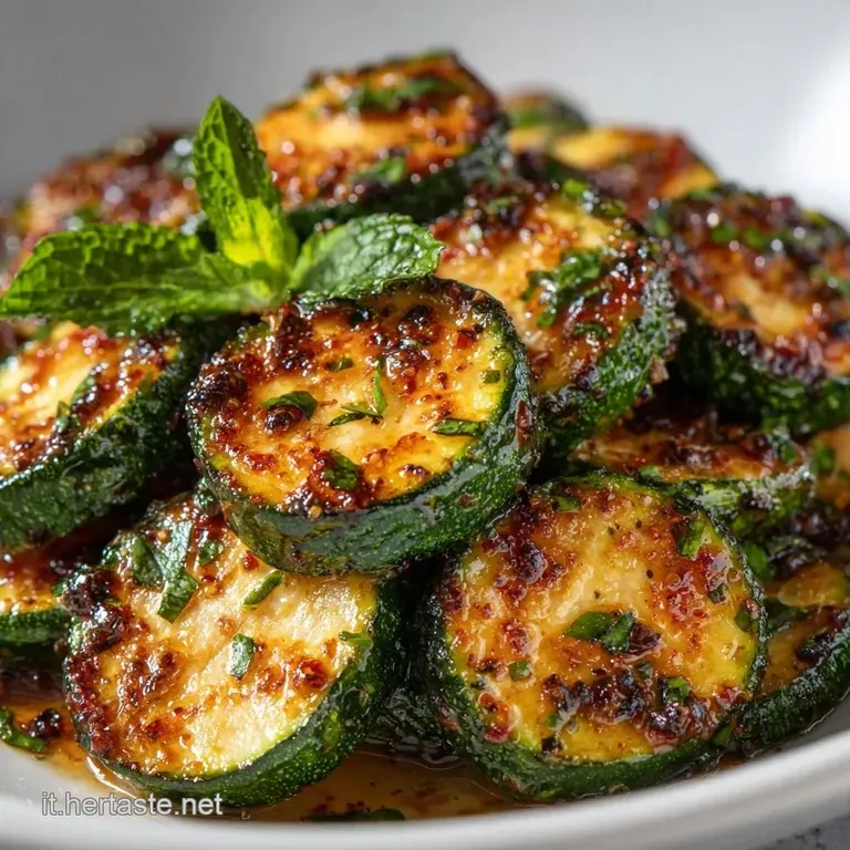 Filetti di zucchine lucidi di olio d'oliva, disposti con cura in un piatto di ceramica e guarniti da foglioline verdi.