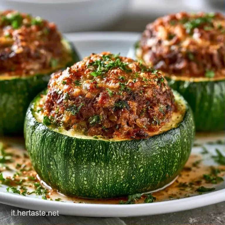 Zucchine tonde farcite disposte con cura su un piatto bianco, guarnite con erbe fresche verdi e una leggera salsa lucida.