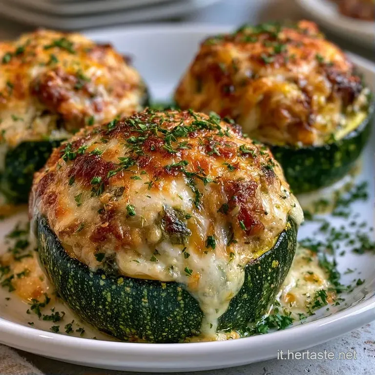 Zucchine tonde ripiene con crosticina di formaggio fuso e dorata, servite in un piatto di ceramica bianco minimale.