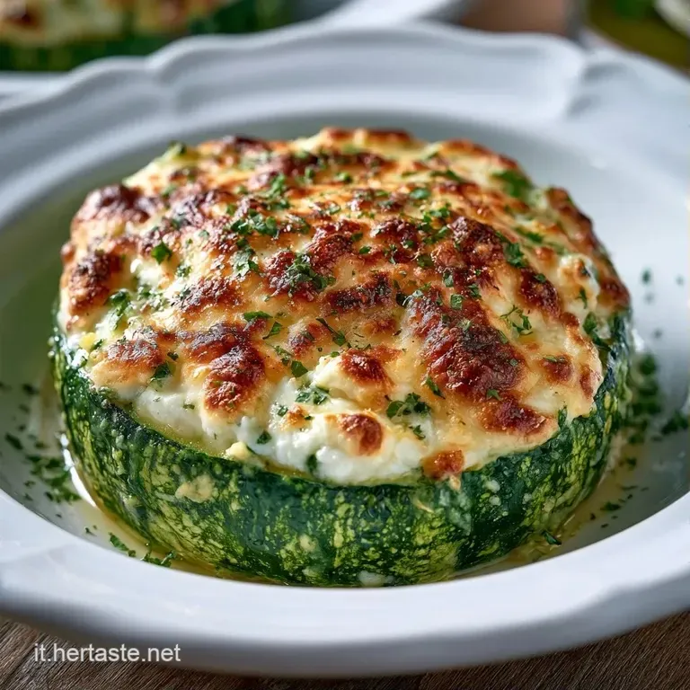 Zucchine tonde grigliate disposte con cura, farcite di ricotta soffice, gocce d'olio lucido e foglioline di menta fresca.