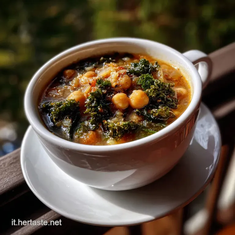 Creamy, rustic soup with vibrant green kale, olive oil sheen, and crusty bread croutons on a white plate. Warm, inviting.