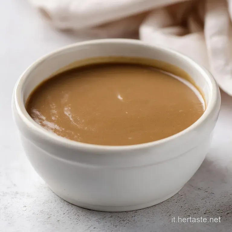 Vellutata densa color beige servita in un piatto moderno, guarnita con un filo d'olio e foglie di salvia fresca.