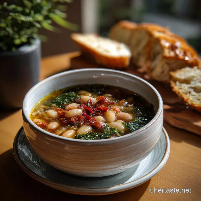 Elegant white bowl filled with velvety soup, drizzled with olive oil, and accompanied by crusty bread. A warm, inviting pr...