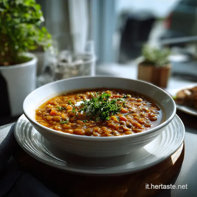 Elegant white bowl showcasing the velvety lentil soup. Topped with a swirl of cream, a sprinkle of fresh herbs, and crusty...