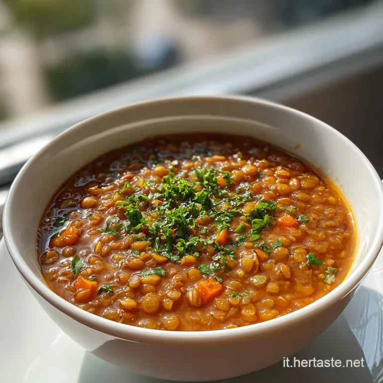 Steaming bowl of legume and farro soup garnished with fresh herbs and a drizzle of olive oil. Rustic bread on the side.