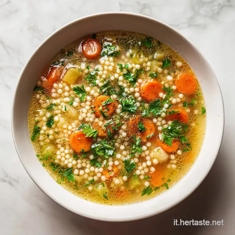 A shallow bowl filled with glistening pastina, a sprig of parsley, and a silver spoon, sitting on a linen tablecloth.