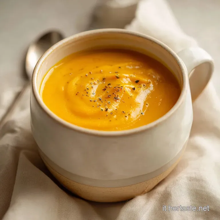 A shallow bowl filled with vibrant orange soup, garnished with fresh herbs and a swirl of olive oil. Steam rises temptingly.